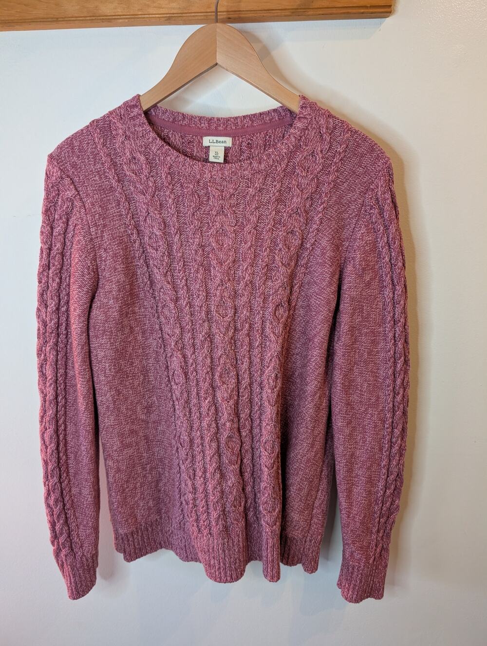 L.L.Bean Cable Knit Sweater Dusty Rose Pink Cotton Crew Neck Cozy XL